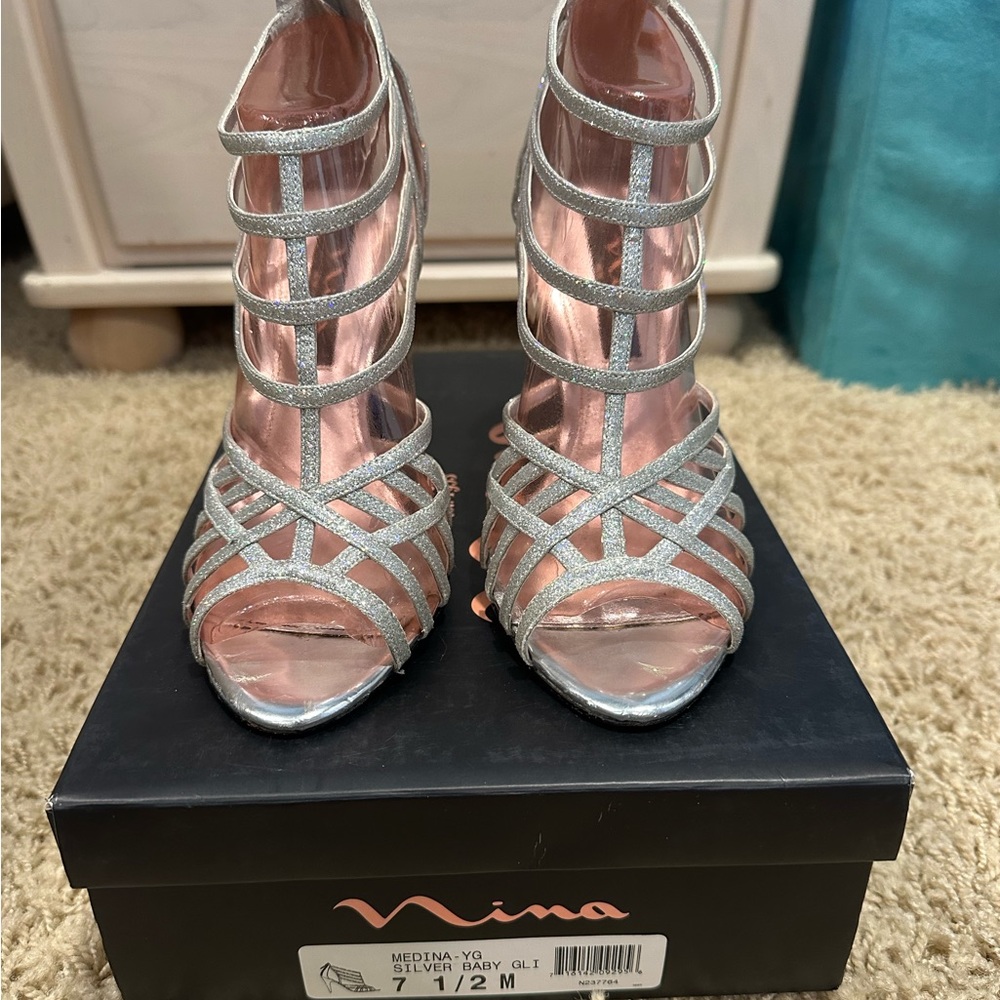 Nina Medina Silver Glitter Heels - Size 7.5 - 4” Heel